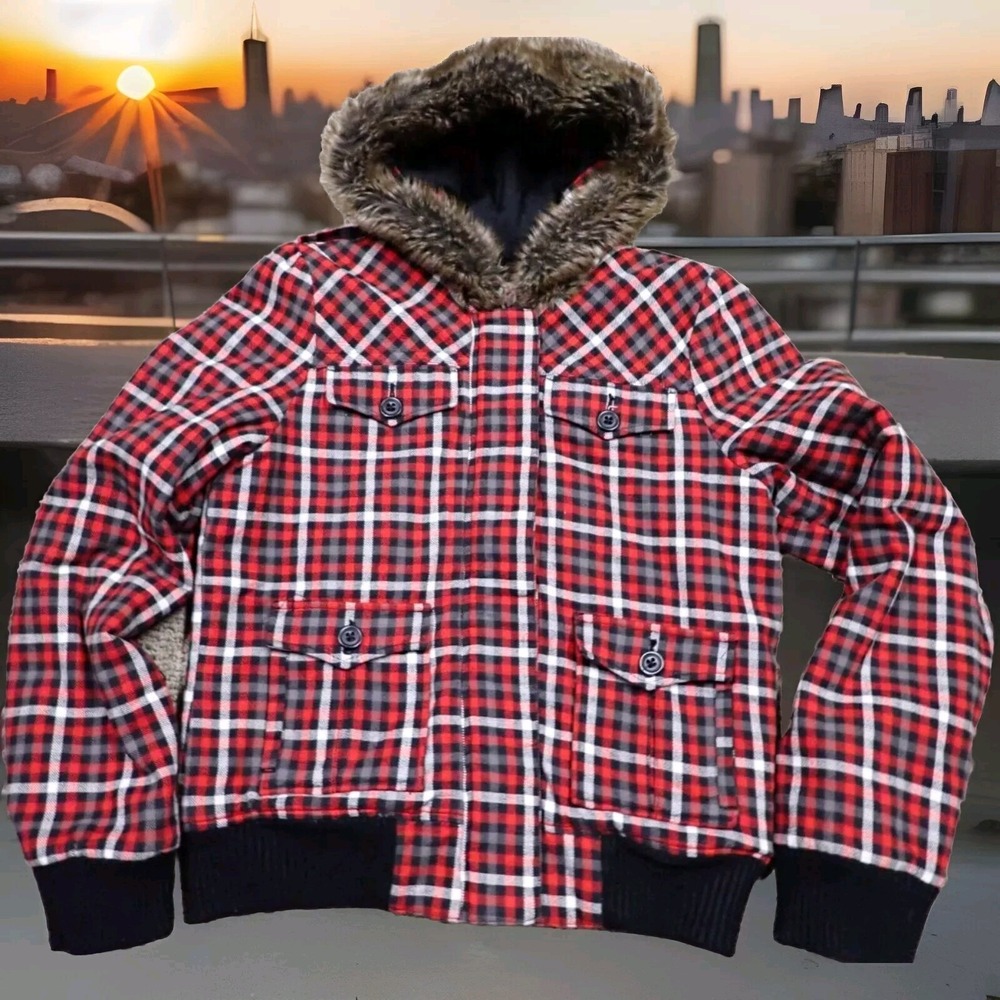 Roxy Plaid Bomber Jacket Womens Large Red Faux Fur Hood Quilted Coat Excellent‎